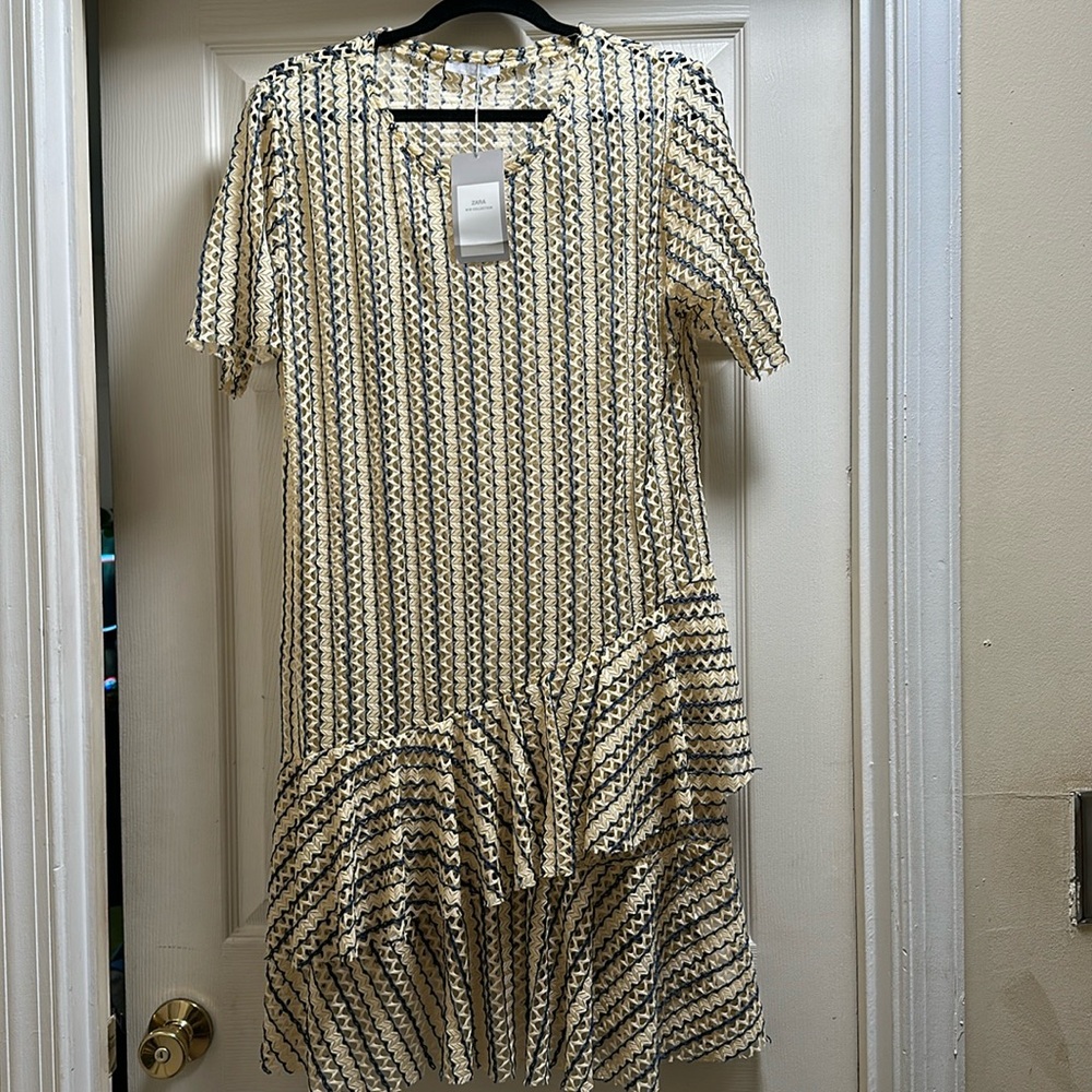 ZARA W/B Collection Cream Striped Dress Ruffle Accents Size L.  NWT